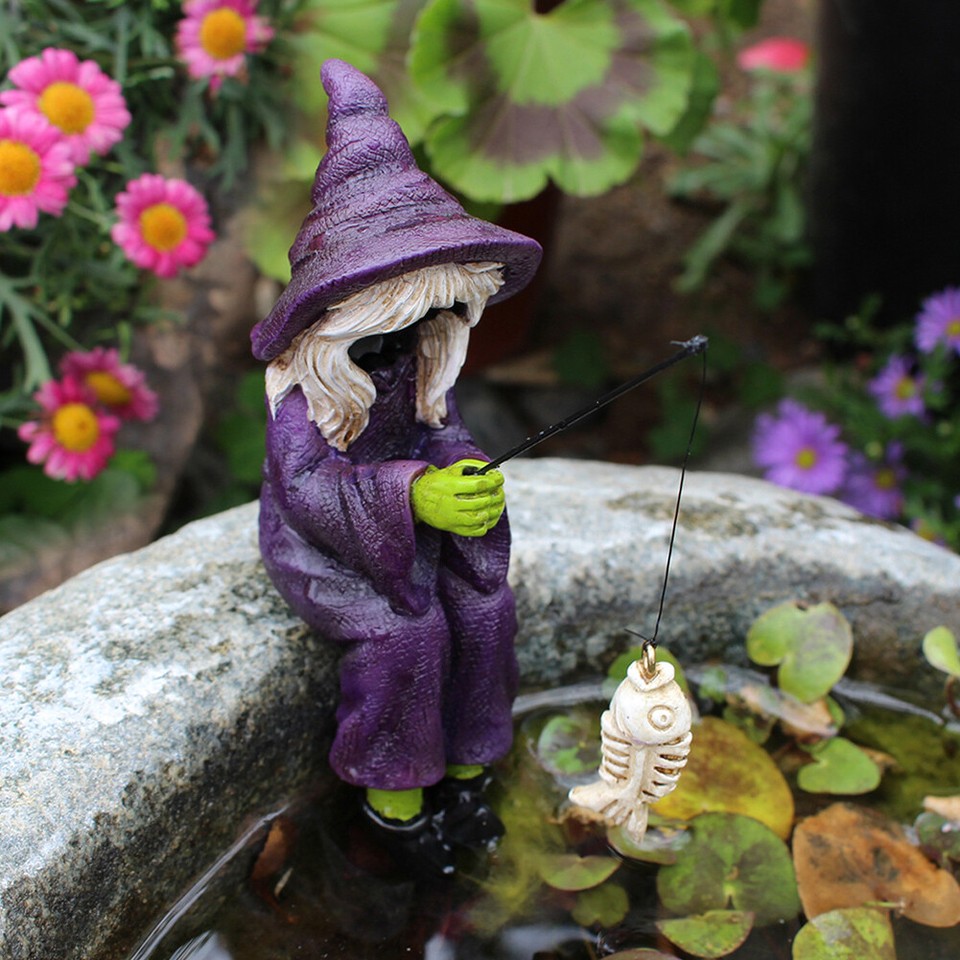 Resin Fishing Witch Skeleton Statue Mini Witch Sitting Figurine Fish