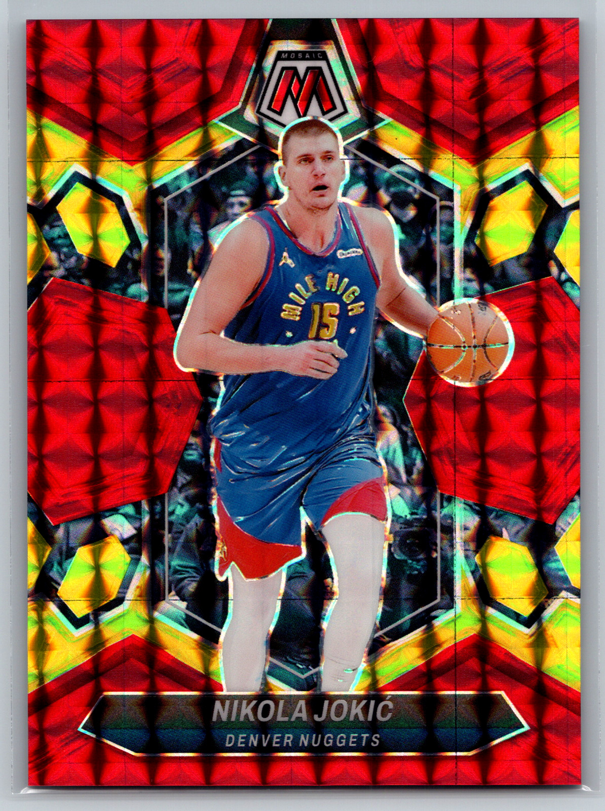 Nikola Jokic 2023-24 Panini Mosaic Choice Fusion Red Yellow /75 #47 Nuggets