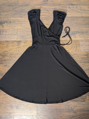 Fit & Flare Black Dress, super stretch, pleated shoulder, V neck. | eBay