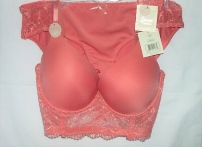 Spree Intimates PEACH Molded Push Up Lace Longline Bra Set 34C Medium Panty NWT
