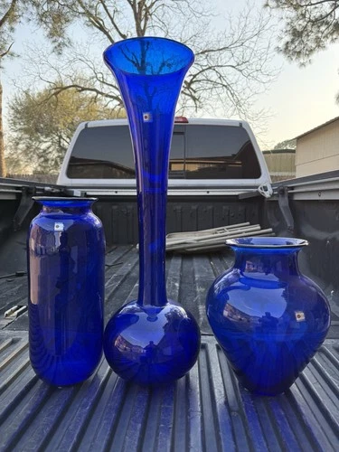 Blenko Handmade Decorative Blue Glass Vases Set of 3 with Glossy Finish