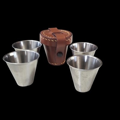 Vintage Stako Stainless Steel Shot Glass Travel Set | 4 Cup Leather Case