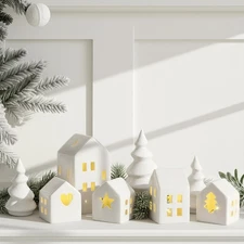8 Pcs Ceramic Christmas Village Houses Set 5 LED Light up White Ceramic Villa...