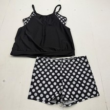 Black Polka Dot Tankini Swimsuit Set Womens XXL Swim Shorts 2 Piece Lined