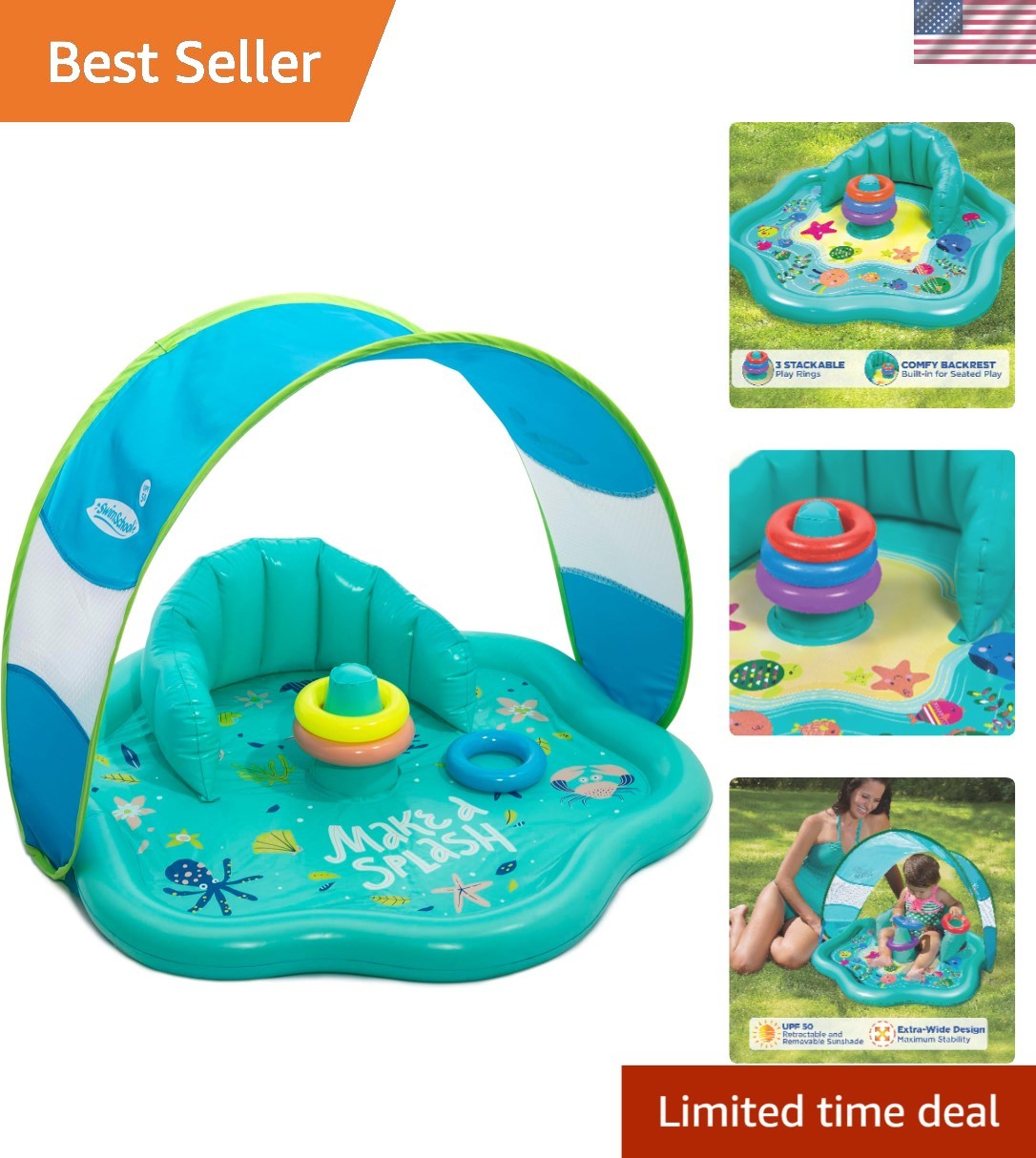 Teal Baby Pool Float with Backrest and Splash Mat for Safe Toddler Swimming-image