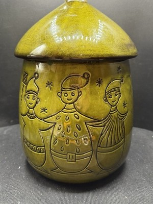 Vintage Pixies Elf Wynken Blynken Nod Fairy Tale Cookie Jar Green Large Holiday