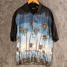 Pierre Cardin Mens XL Rayon Hawaiian Shirt Tropical Palm Tree Black Blue Scenic