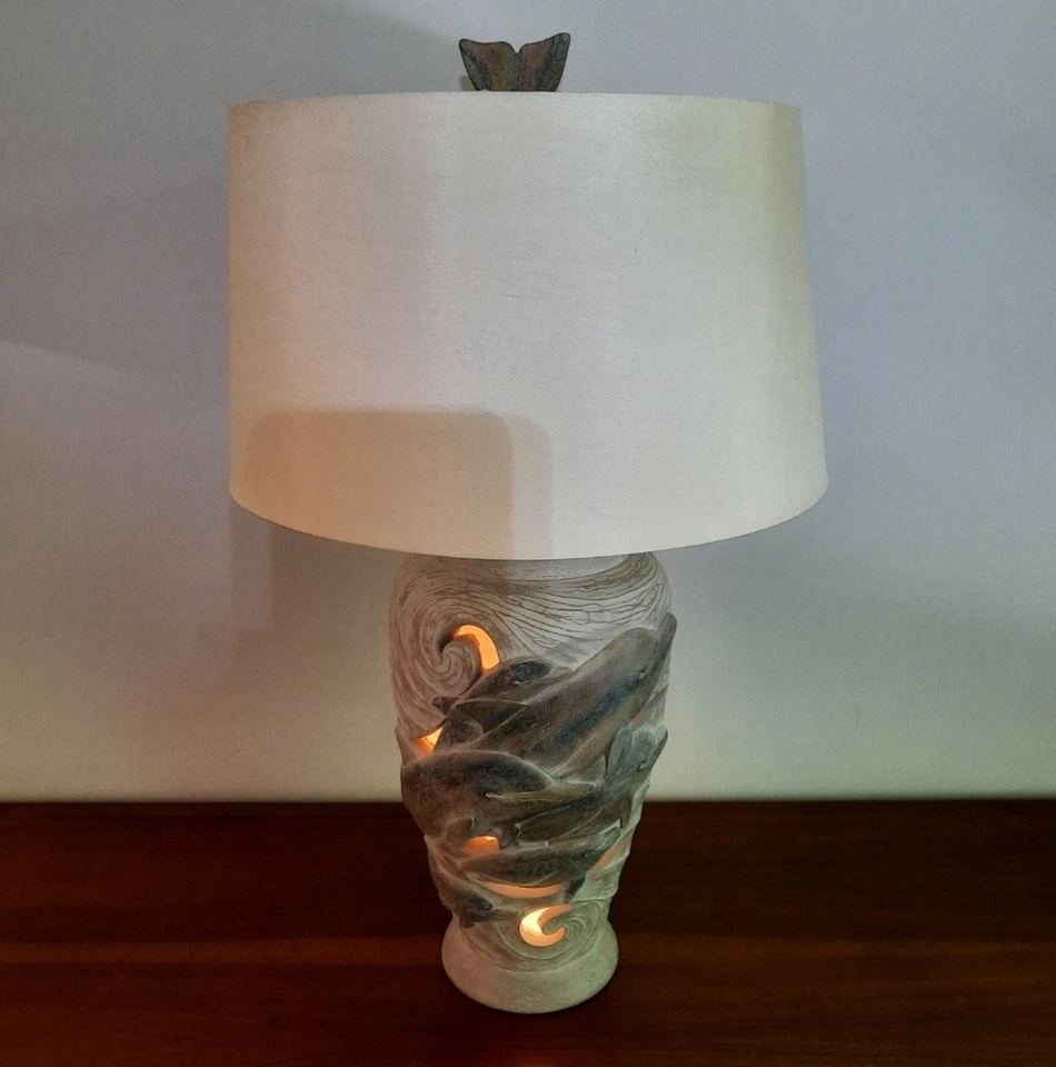 Lrg 80s Coastal Dolfin Pod Waves Ceramic Table Lamp Sculptural Ocean Marine Mood - Image 3 of 4