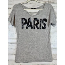 Papaya Paris Sequin Shirt Women Small Gray Back Lace Detail Sexy Made in USA Tee