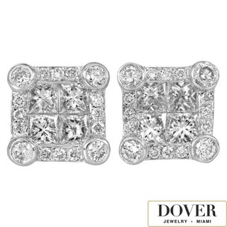 Estate Diamond 18K White Gold Square Cluster Stud Earrings 3.0 Grams NR