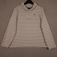 Tommy Hilfiger Sweatshirt Women Large Gray White Striped Cowl Neck Pullover Flag