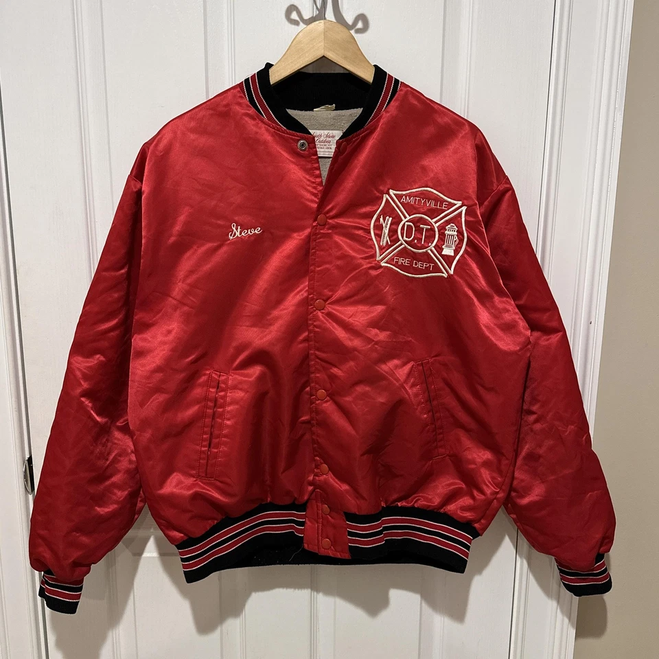 Vintage Bomber Jacket Mens Extra Large Red Satin Amityville Fire Dept Snap Front - Image 2 of 4