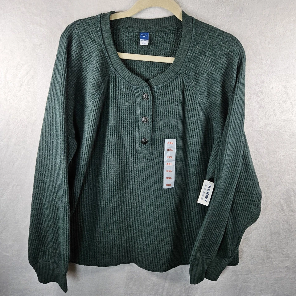 New Old Navy Sweater Womens XXL Green Plush Tee Waffle Knit Thermal Henley Cozy - Image 2 of 4