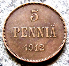 FINLAND GRAND DUCHY Russian Province Tzar Nikolai II 1912 5 PENNIA, Copper