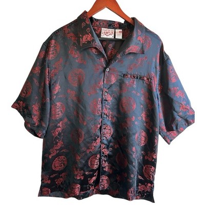 Vintage 90s Coupe De Lux Mens XL Dragon Shirt Black Red Rayon Brocade Y2K
