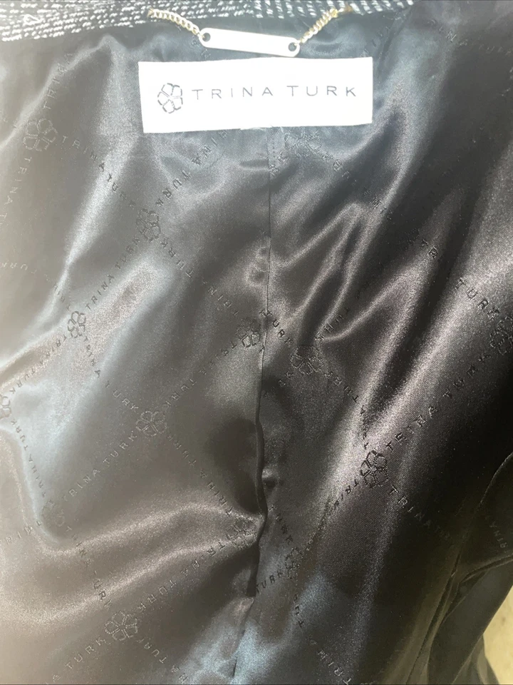Trina Turk Black White Herringbone Wool Blend Belted Wrap Car Coat Size 10 10P - Image 3 of 4