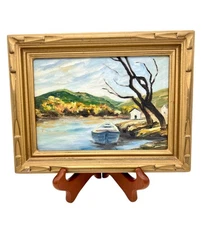 Mini Vintage Framed Landscape Moody Oil Painting Boat Trees Winter 8" X 6"