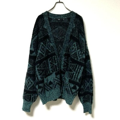 Vaporize Mohair Knit Cardigan L Black Blue All-Over Pattern