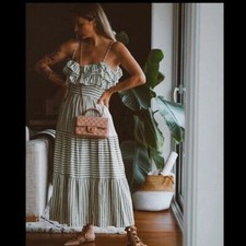 ZARA GREEN WHITE STRIPED FRILL RUFFLE MIDI LINEN SUMMER DRESS SIZE M 12 2157/055