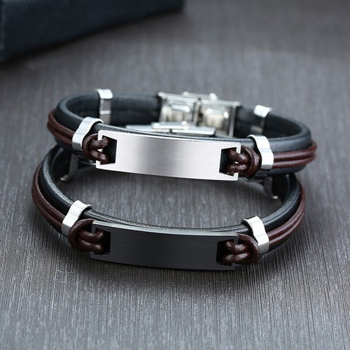 21.5 CM Stainless Steel Curved Brand ZP Leather Black Fashion Boy Men's Bracelet - Picture 4 of 14