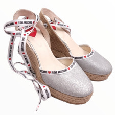 Love Moschino Zeppa Espadrille Wrap Wedge Glitter Silver Sandal Size 41 or 11