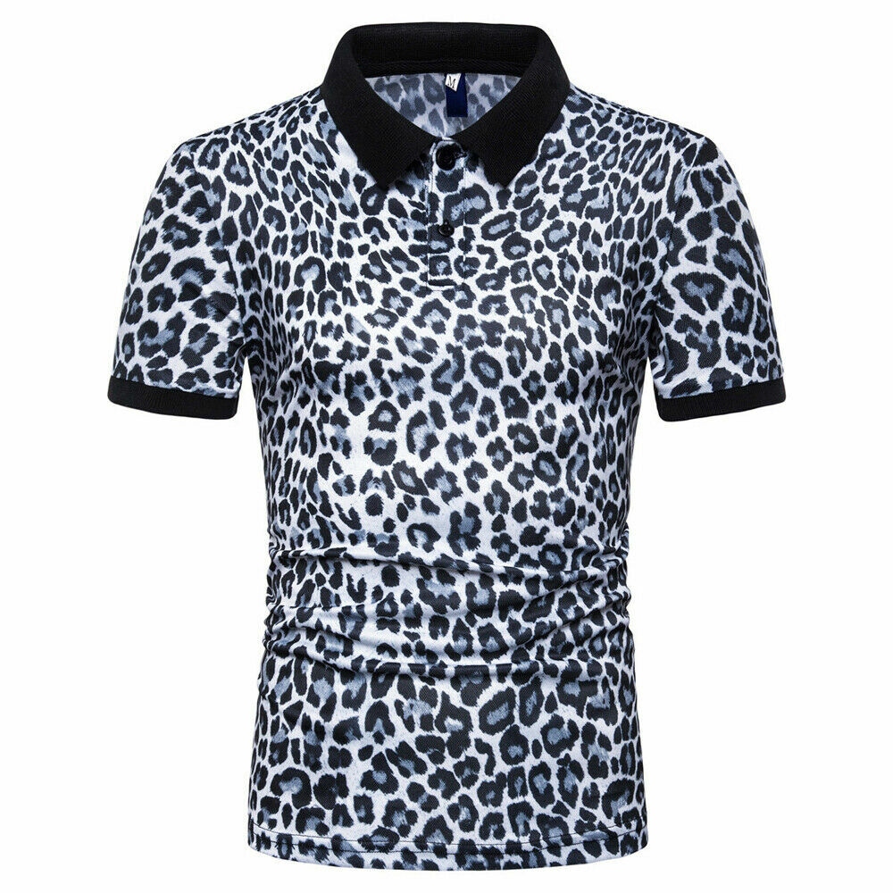 Mens Leopard Print Short Sleeve T-shirt Turn Down Collared Tee Shirt Blouse