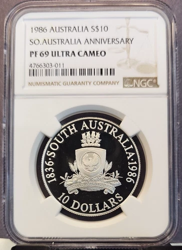 1988 AUSTRALIA SILVER 10 DOLLARS SOUTH AUSTRALIA ANNIV NGC PF 69 ULTRA CAMEO TOP