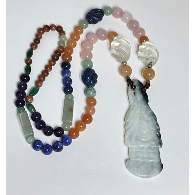 Long Gemstone Beaded Lapis Tiger Eye Quartz Jade Necklace w/ Large Jade Pendant 