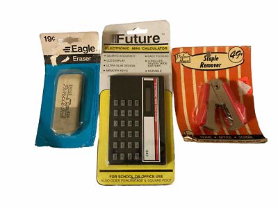 Vtg School Supplies Future Electronic mini Calculator Eagle Eraser & Staple remo