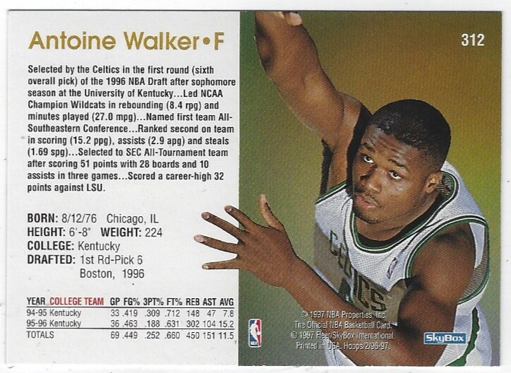 1996-97 NBA HOOPS ANTOINE WALKER ROOKIE RC #312 BOSTON