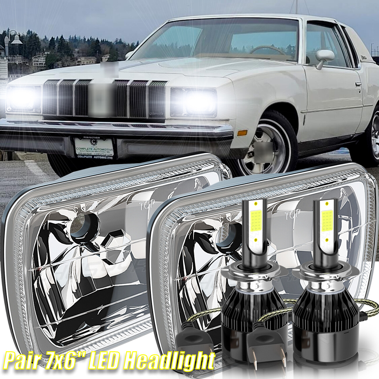 Pair 7x6inch Square Led Halo Headlights for O-ldsmobile Cutlass Supreme 1978-79