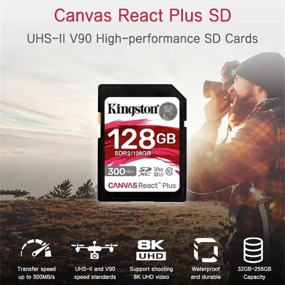 Kingston Canvas React Plus 32GB 64GB 128GB 256GB UHS-II V90 U3 SD Card 300MB/s - Image 2 of 4