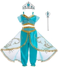 Girls Princess Jasmine Costume Halloween Party Dress Up for girl With Crown Wand
