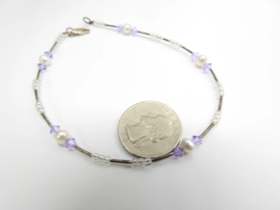 Artisan 淡水珍珠薰衣草水晶种子珠液体银色脚链复古 — 第 3/3 张图片