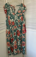 Adrianna Papell Womens 20W Green Multi Floral Double V Neck Midi Dress NWT $169