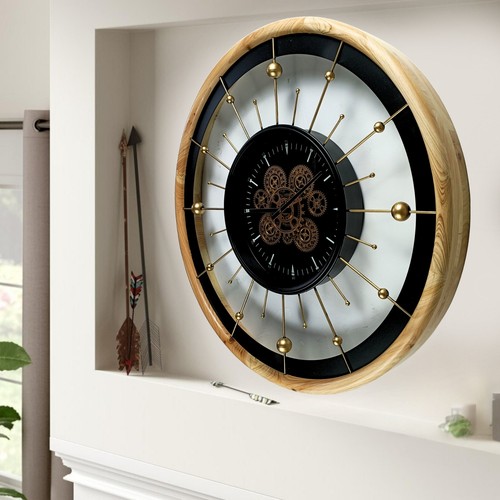 The Gears Clock SPAIN LINE WALL CLOCK ROUND 32 INCH "BARCELONA" BLACK AND WOOD - Picture 10 of 24