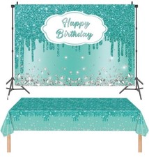 XCKALI Teal Blue Birthday Backdrop and Tablecloth Kit Glitter Teal Blue Diamond