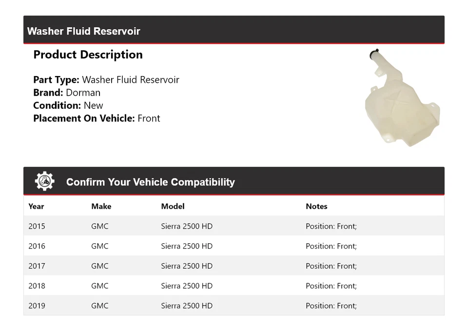 Depósito de líquido de lavadora Dorman 2015-2019 GMC Sierra 2500 HD 2016 2017 Foto 2 de 4