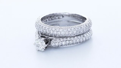 2.95CTW LAB DIAMONDS I/SI2 ROUND CUT 14K GOLD PRONG MILGRAIN SIDE-STONE RING SET - Video 1 of 1