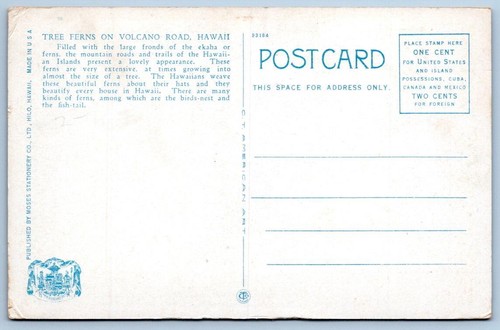 TREE HELECHOS 1920 en VOLCANO ROAD HAWAII MOSES STATIONERY CO POSTAL - Imagen 2 de 2