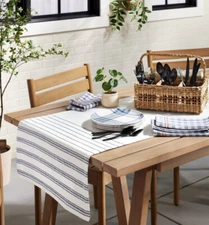 20"x90" Ticking Stripe Woven Table Runner Blue/Cream Hearth & Hand