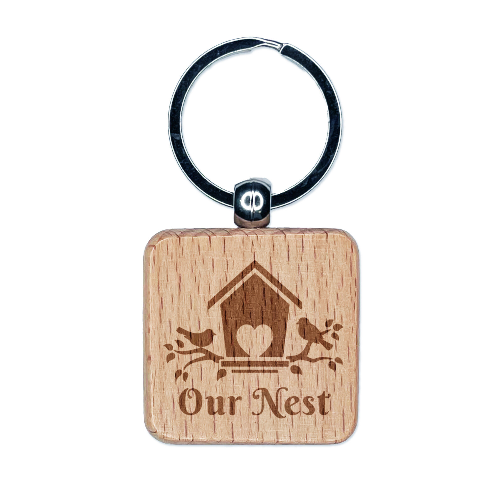 Our Nest Bird House Home Love Engraved Wood Square Keychain Tag Charm