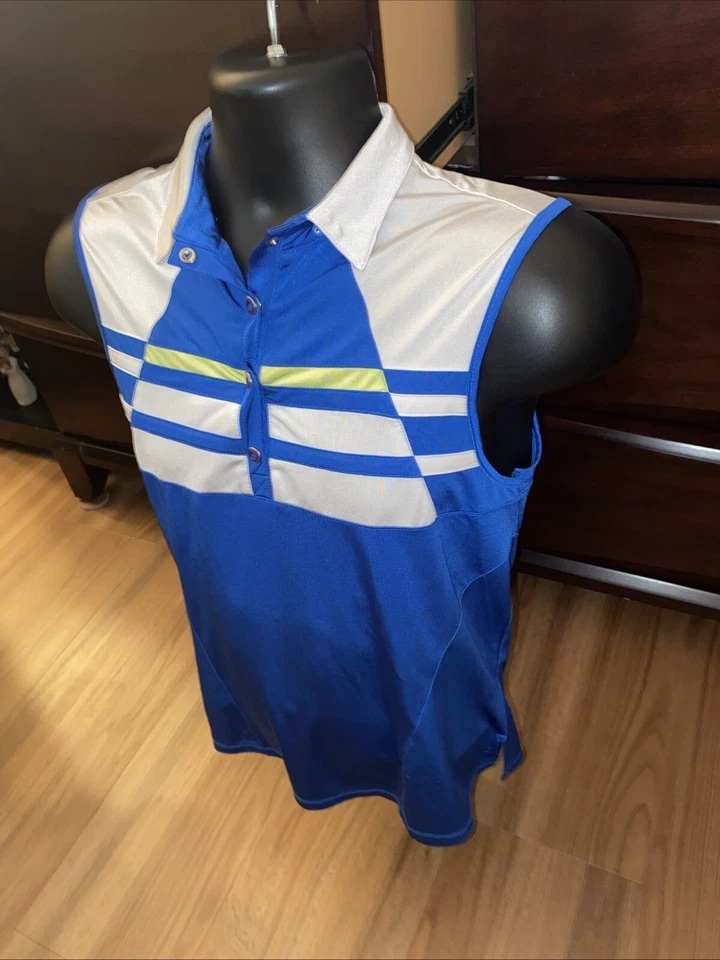 Camisa Top de Golf Jamie Sadock Talla Mediana Azul y Blanco Sin Mangas Botón a Presión Foto 2 de 4