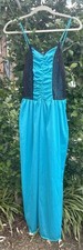 STUNNING VTG UNDERCOVER WEAR Blue Nylon Black Lace Full-length Nightgown SZ M