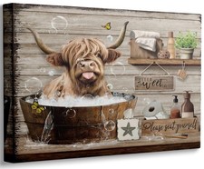 Highland Cow Canvas Bathroom Wall Art Funny Rustic Farmhouse Cow Painting Pic...