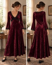 Vtg Crushed Purple Velvet Maxi Dress Witchy Goth Fairy Grunge Lace Whimsigoth M