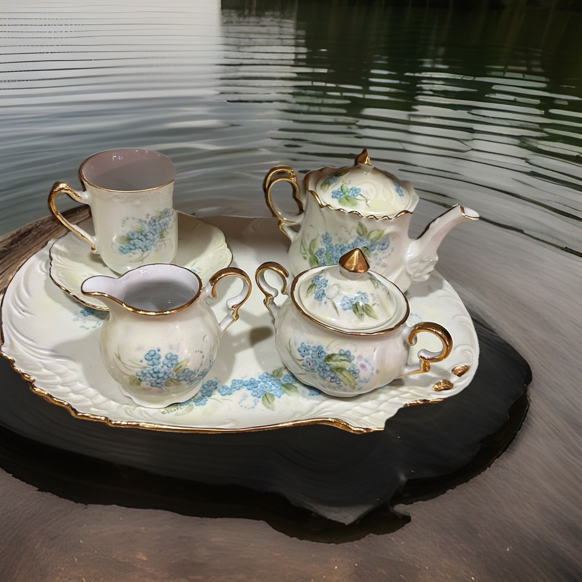 Antique Bavarian Small Tea Set JHR Hutschenreuther Forget-Me-Not