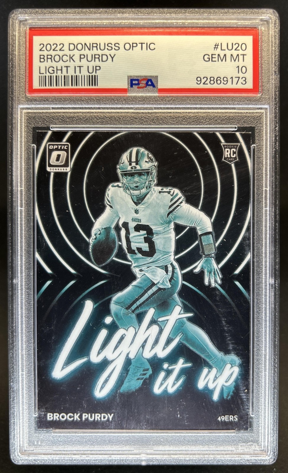 2022 Panini Donruss Optic Brock Purdy Light it Up Rookie RC #LU-20 49ers PSA 10