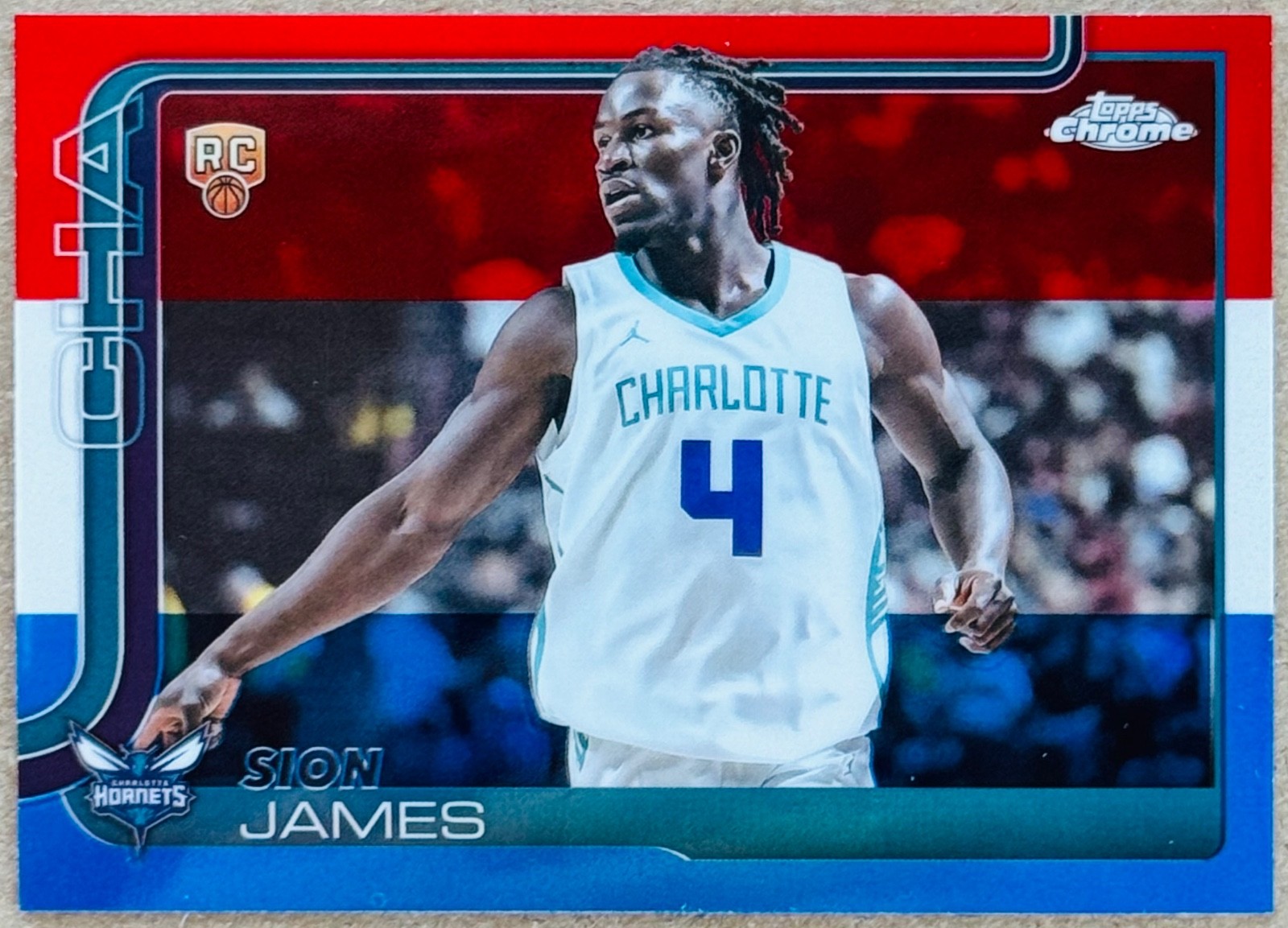 2025-26 TOPPS CHROME SION JAMES RED WHITE & BLUE REFRACTOR RC #283 NM+ HORNETS