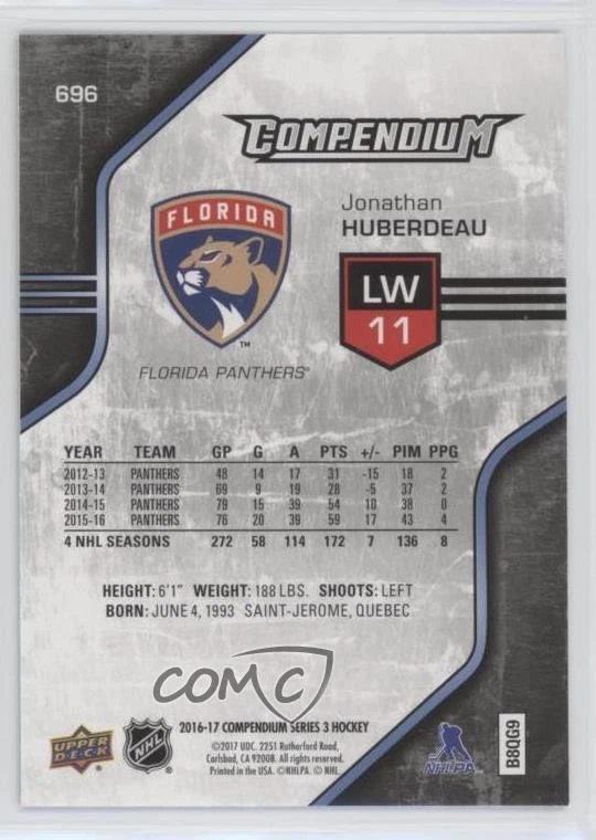 2016-17 Upper Deck Compendium Blue Jonathan Huberdeau #696 - Image 2 of 2